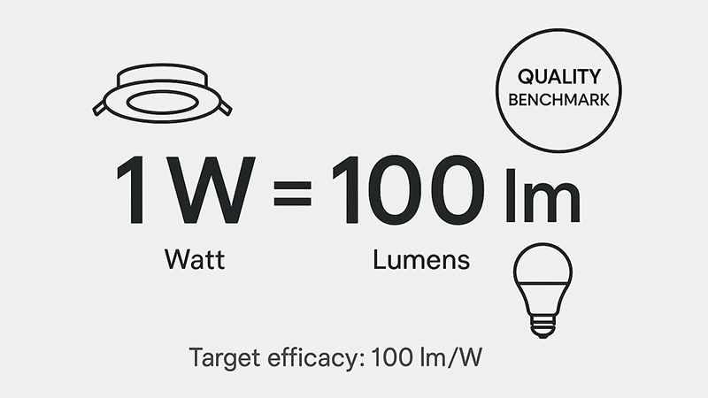 Rule of Thumb for Downlights A simple graphic showing 1 Watt = 100 Lumens as a quality benchmark