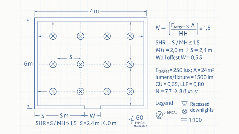 Calculating a Downlight Layout A floor plan with downlight placements and calculation formulas overlaid