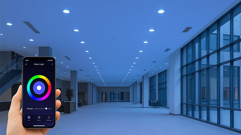 Smart LED Downlights controlled by an app in a large commercial building