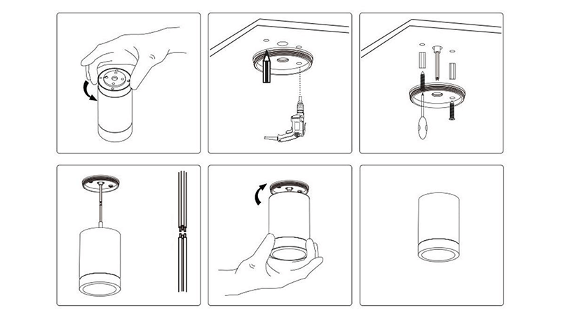 A diagram showing the steps to install a surface mounted downlight: bracket, wiring, and fixture attachment