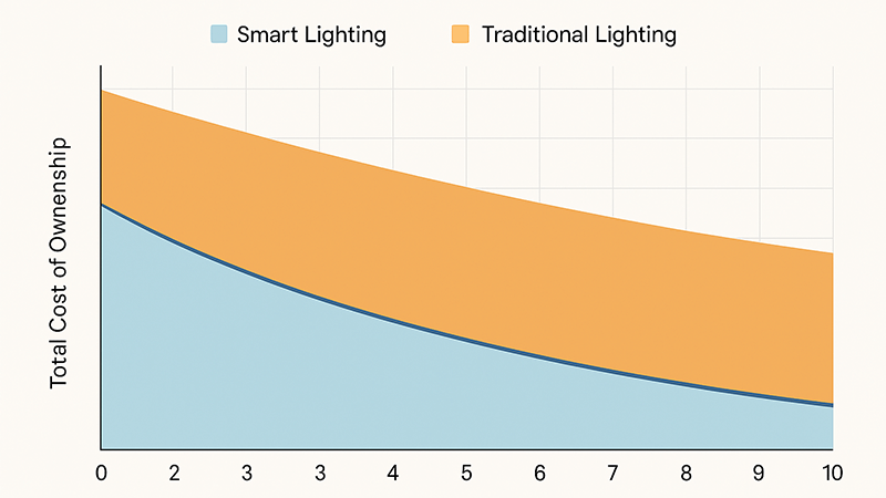 A chart showing Total Cost of Ownership of Smart vs Traditional Lighting