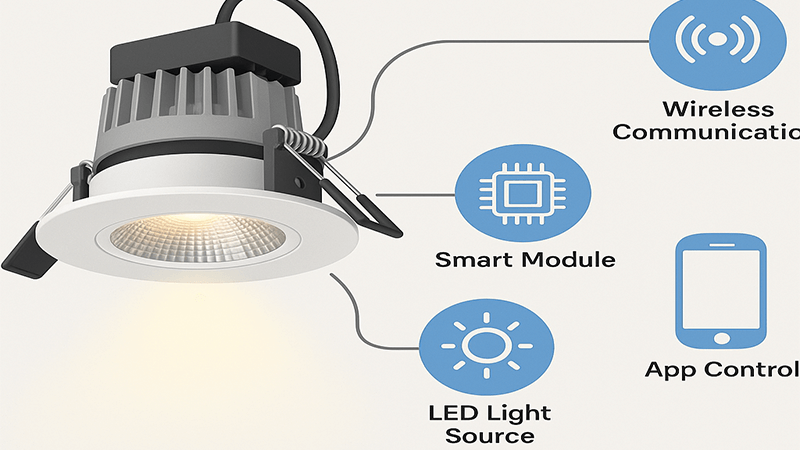 An exploded view of a smart LED downlight showing its components
