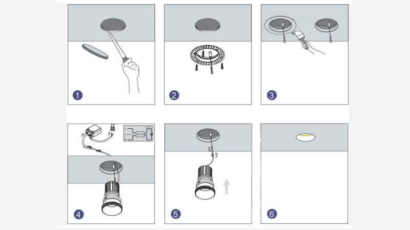 A step-by-step diagram of trimless downlight installation