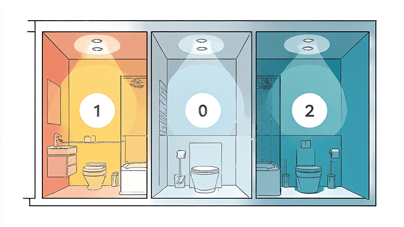 A diagram showing the different bathroom lighting zones (0, 1, 2) and their required IP ratings.