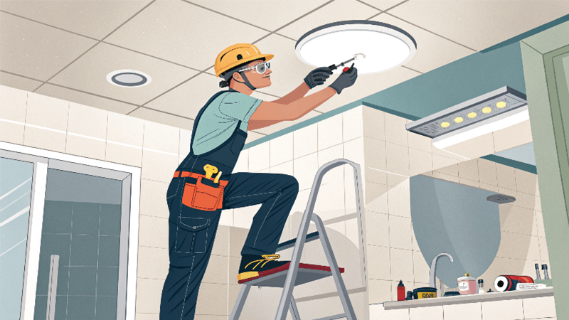 An electrician safely installing an IP-rated downlight in a bathroom ceiling.