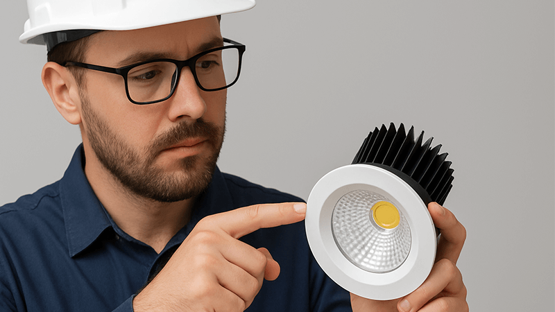 An engineer pointing to the heatsink on a COB downlight