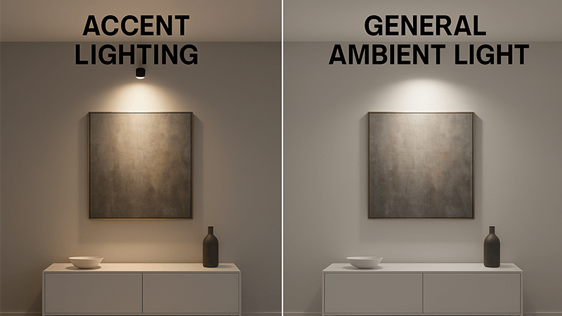 A room demonstrating accent lighting on art vs another room with general ambient light