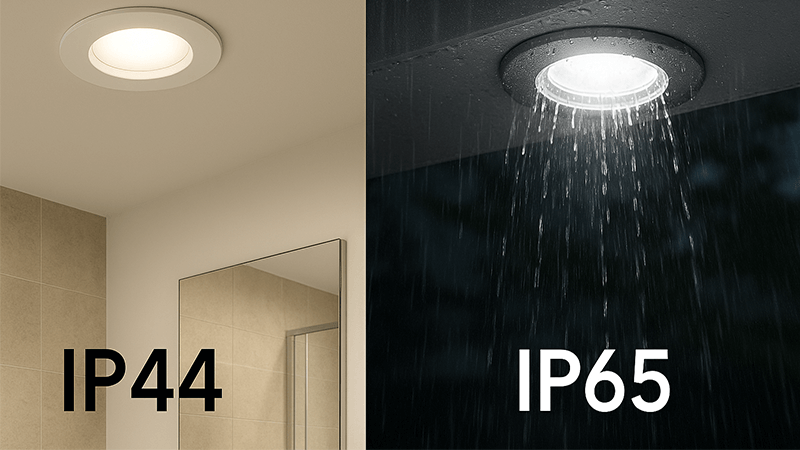 A comparison of an IP44 downlight in a bathroom and an IP65 downlight outdoors