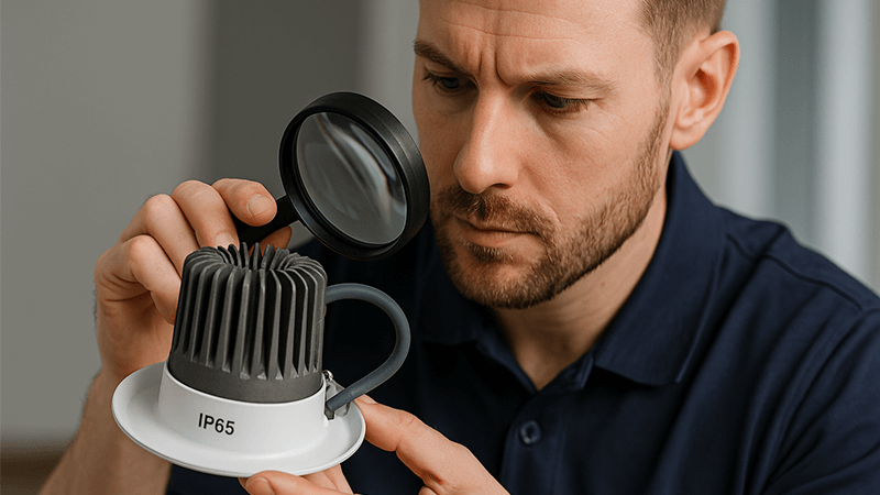 An engineer examining the heatsink on an IP65 downlight