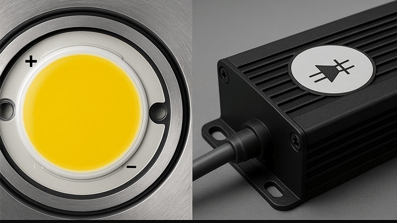 A close-up of a high-efficiency LED chip and a high-performance driver