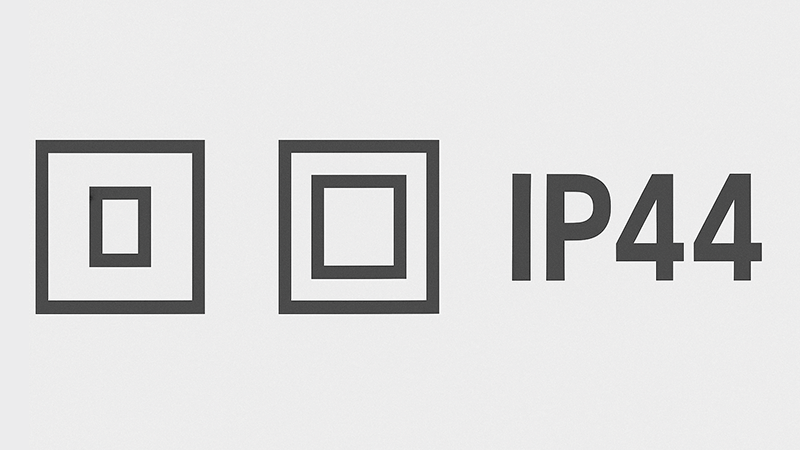Symbols for Class I and Class II insulation next to an IP44 rating label