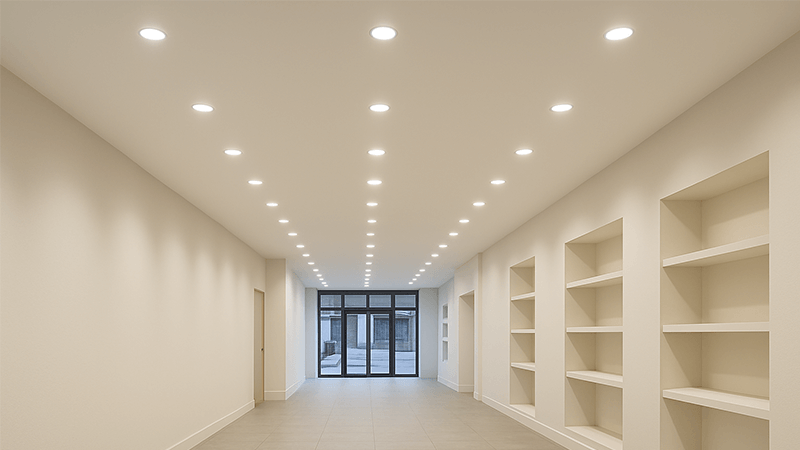 A well-lit commercial space with uniform lighting from LED downlights