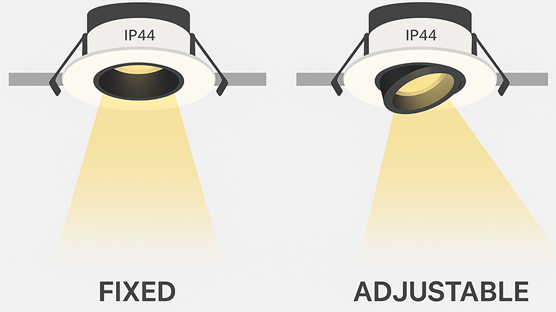 The difference between fixed and adjustable IP44 downlights is shown with two beams of light.