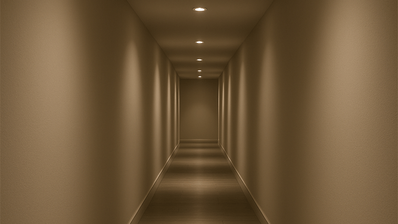 A fixed downlight shining a straight beam downwards in a hallway.