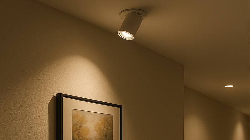 An adjustable downlight tilted to highlight a picture on a wall.