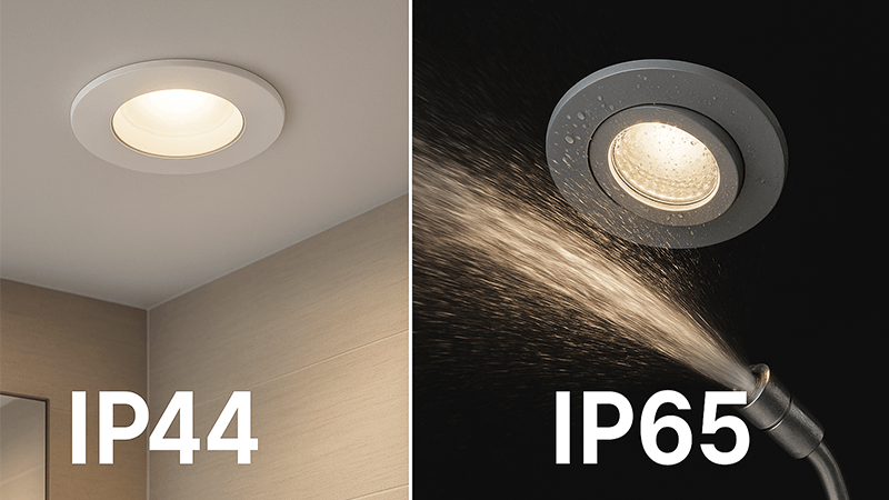 An IP44 downlight in a bathroom ceiling versus an IP65 light being sprayed with a hose.