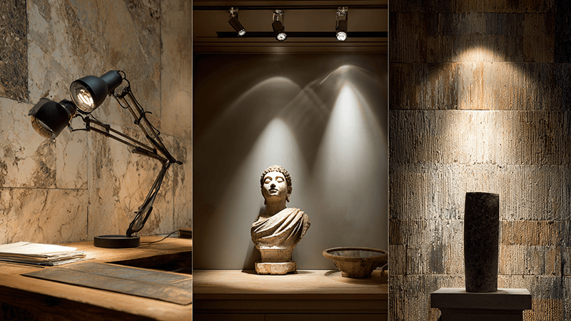 A collage showing adjustable downlights used for task lighting on a counter, accent lighting on a statue, and wall washing a textured wall.