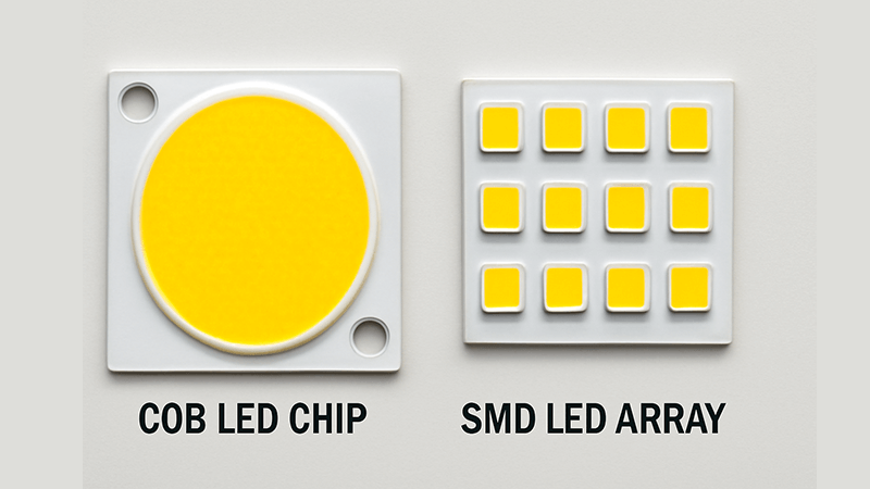 Close-up of a COB LED chip vs an SMD LED array