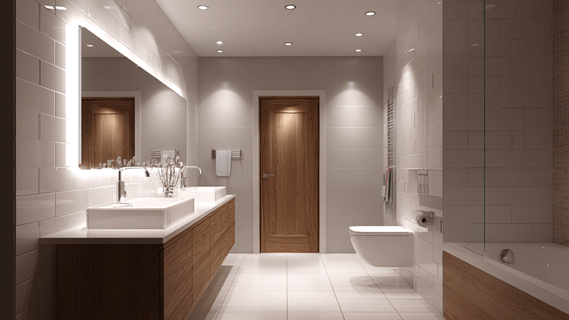 A bright and modern bathroom illuminated by LED downlights
