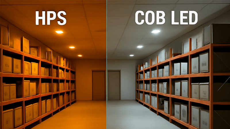 Side-by-side comparison of a space lit by HPS vs COB LED