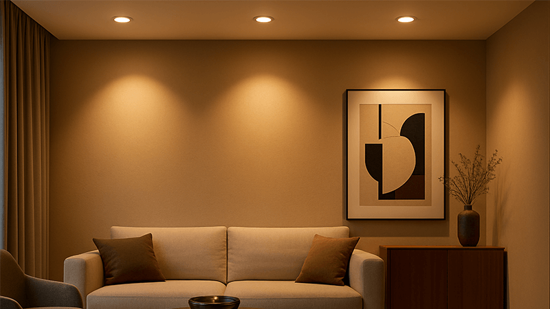 A modern living room with COB LED downlights highlighting artwork