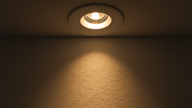 A focused beam of light from a COB downlight on a textured wall