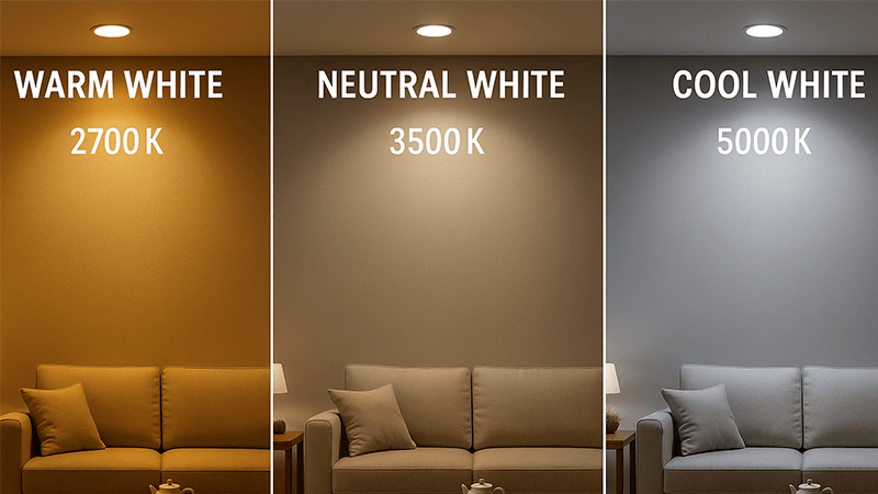 A comparison of warm, neutral, and cool white light in a room