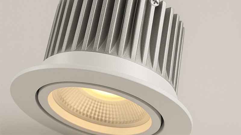 A close-up of a well-designed aluminum heat sink on a COB LED downlight