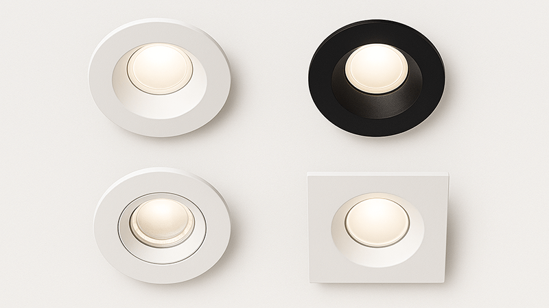 An elegantly lit modern hallway with recessed IP44 downlights providing clean, uniform illumination.