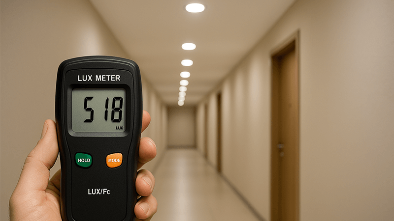 A lux meter displaying a reading in a well-lit commercial corridor.