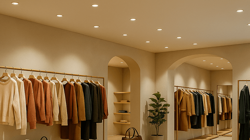 COB LED downlights illuminating a high-end retail clothing store
