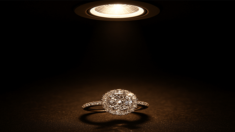 A piece of jewelry sparkling under a focused COB LED spotlight