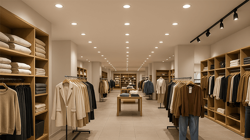 A well-lit retail store showing clear pathways and defined product zones