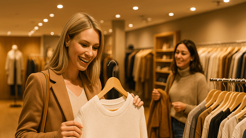 Customers happily browsing in a brightly and warmly lit retail environment
