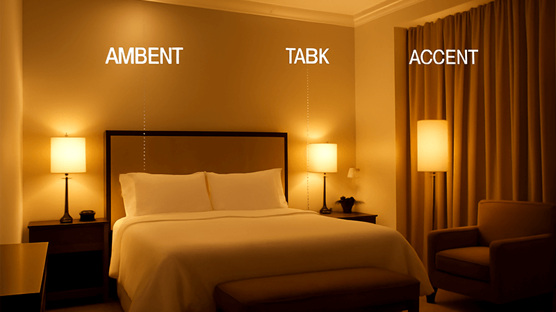 A hotel room showing ambient, task, and accent lighting layers