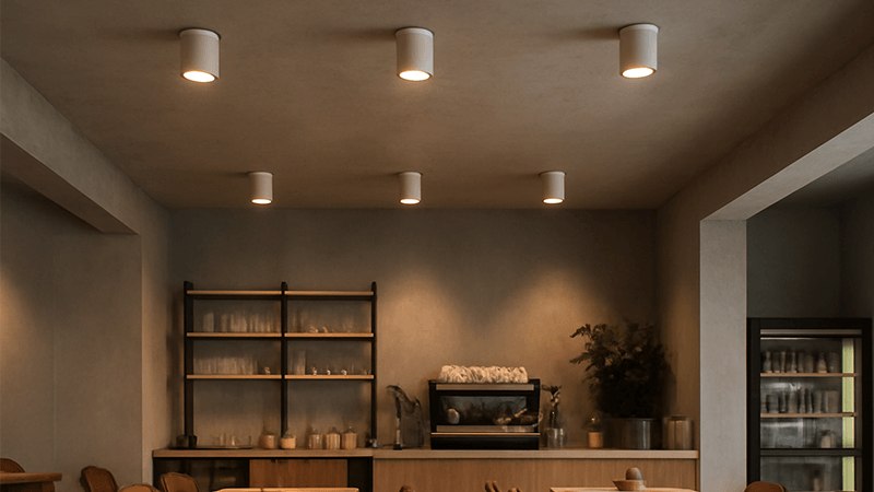 Surface-mounted cylindrical COB downlights on a concrete ceiling in a modern cafe