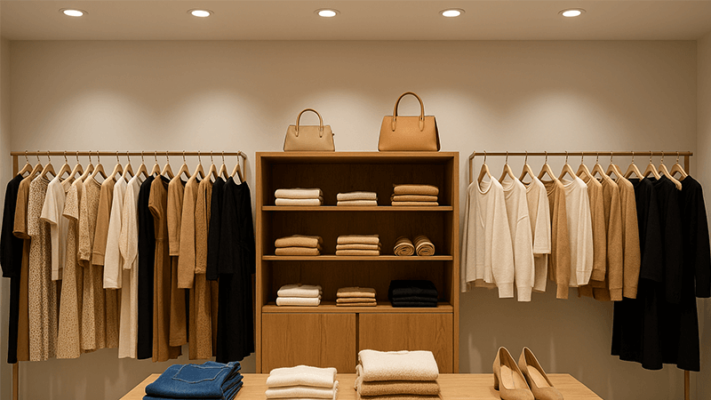Clothing display highlighted by retail lighting