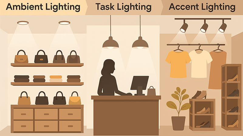 Diagram showing ambient, task, and accent lighting types in a retail setting