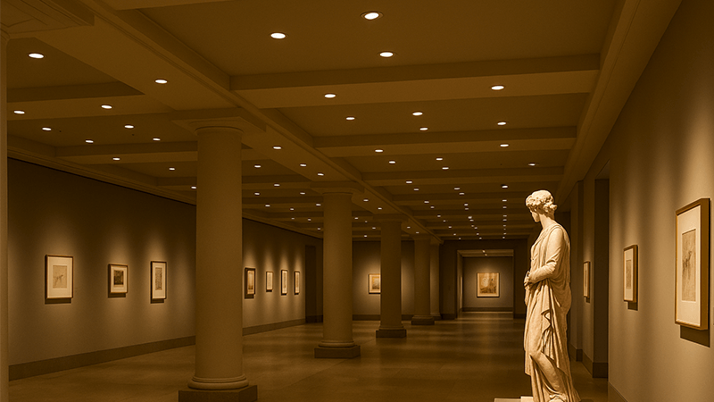 Layered lighting in a museum hall with ambient and accent lights.