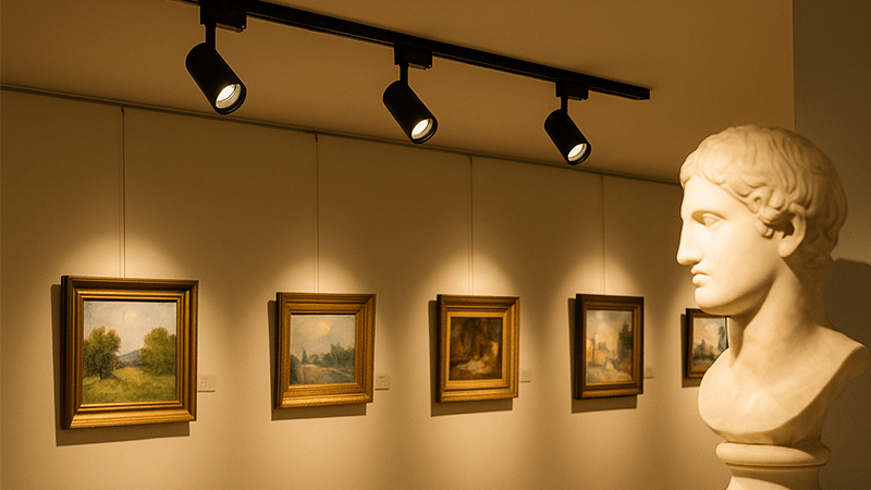 A flexible track lighting system with COB spotlights in an art gallery.