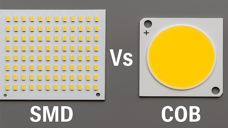 A side-by-side comparison of an SMD LED board and a single COB LED chip.