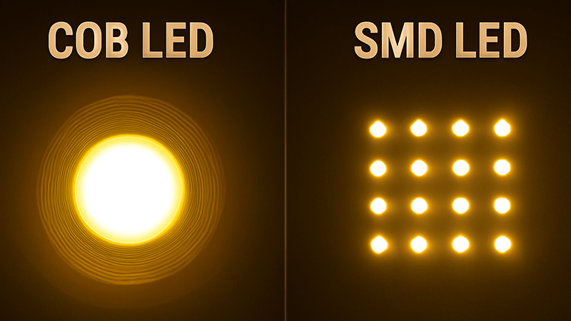 A side-by-side comparison showing the intense, single point of light from a COB LED versus the multiple dots of light from an SMD LED.