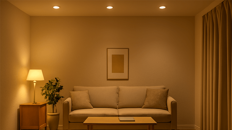 An image showing a cozy living room lit with warm, comfortable light from high-CRI LED downlights.