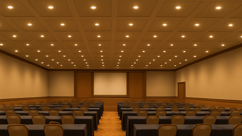 Uniform lighting in a conference hall with COB LED downlights