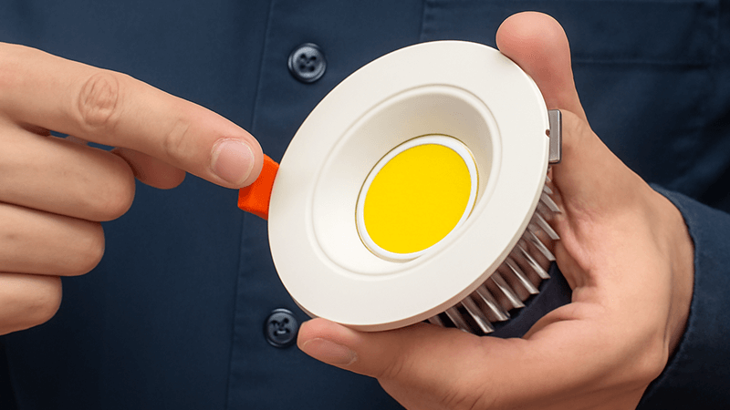 A technician pointing to a heat sink on a COB downlight