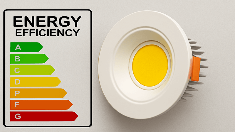 An energy efficiency label next to a COB LED downlight
