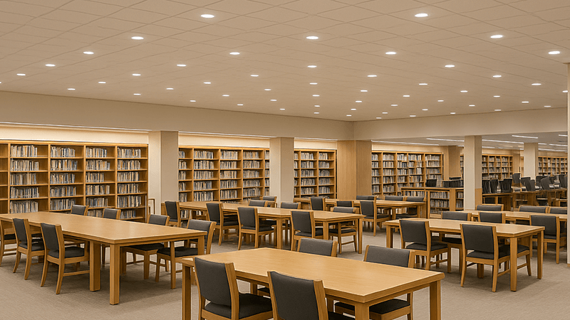 A well-lit university library with modern COB LED downlights
