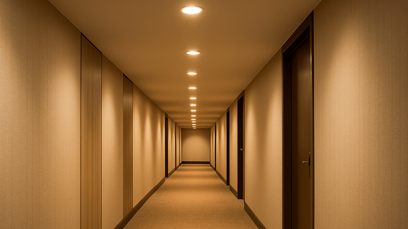 A well-lit modern corridor with COB LED downlights on the ceiling