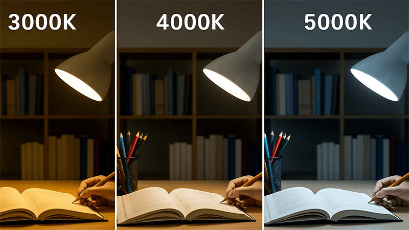 A comparison showing different LED light color temperatures for studying