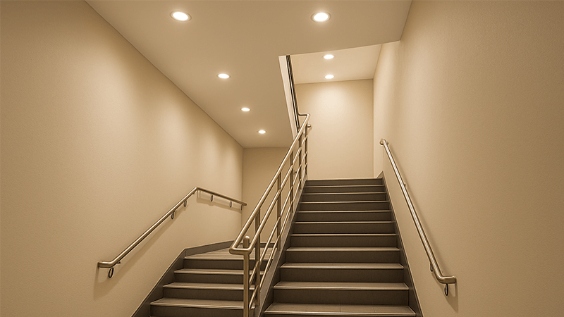 A bright and safe stairwell illuminated with modern LED lights
